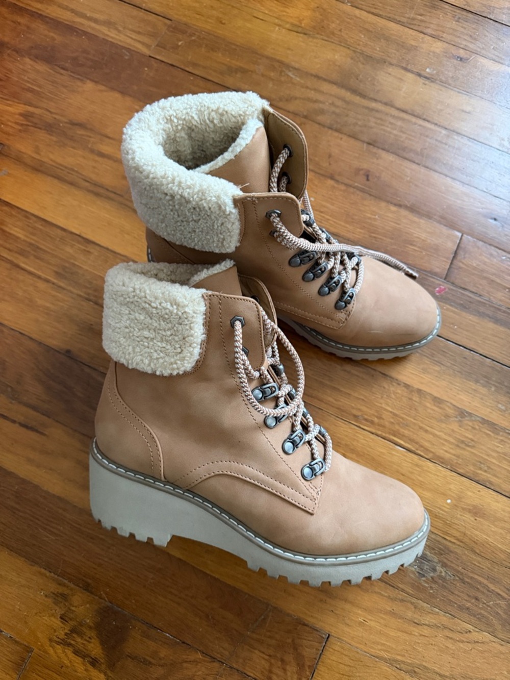 DV by Dolce Vita Tan Sherpa Cuff Lace-Up Platform Boots